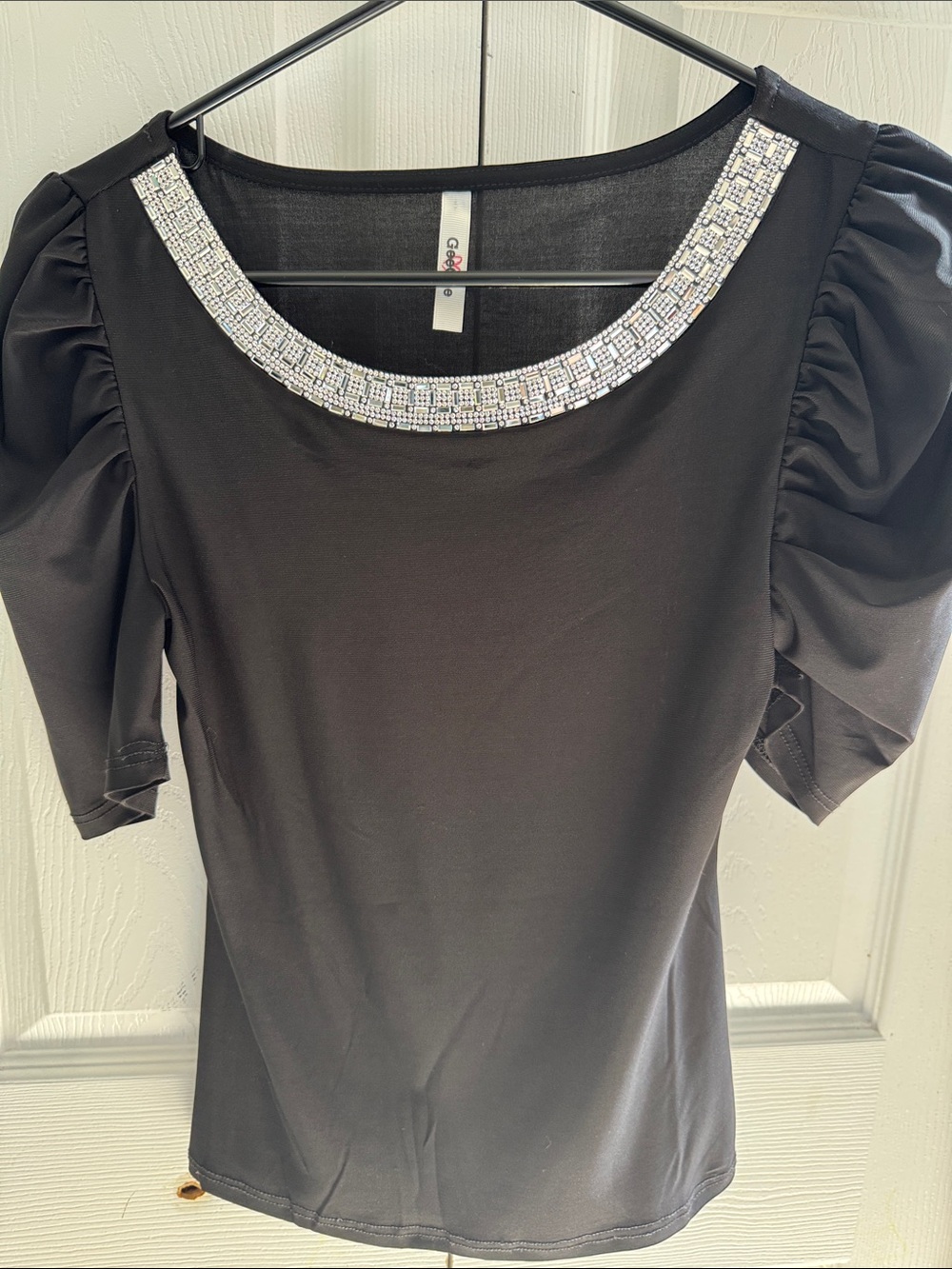 Gorgeous Black Rhinestone Bling Embellished puff sleeve top.  BOUTIQUE BRAND